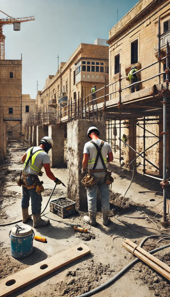 Concrete repairs - A vertical format image showing a few workers repairing concrete damage on a typical Maltese construction site. The scene includes two workers wearing